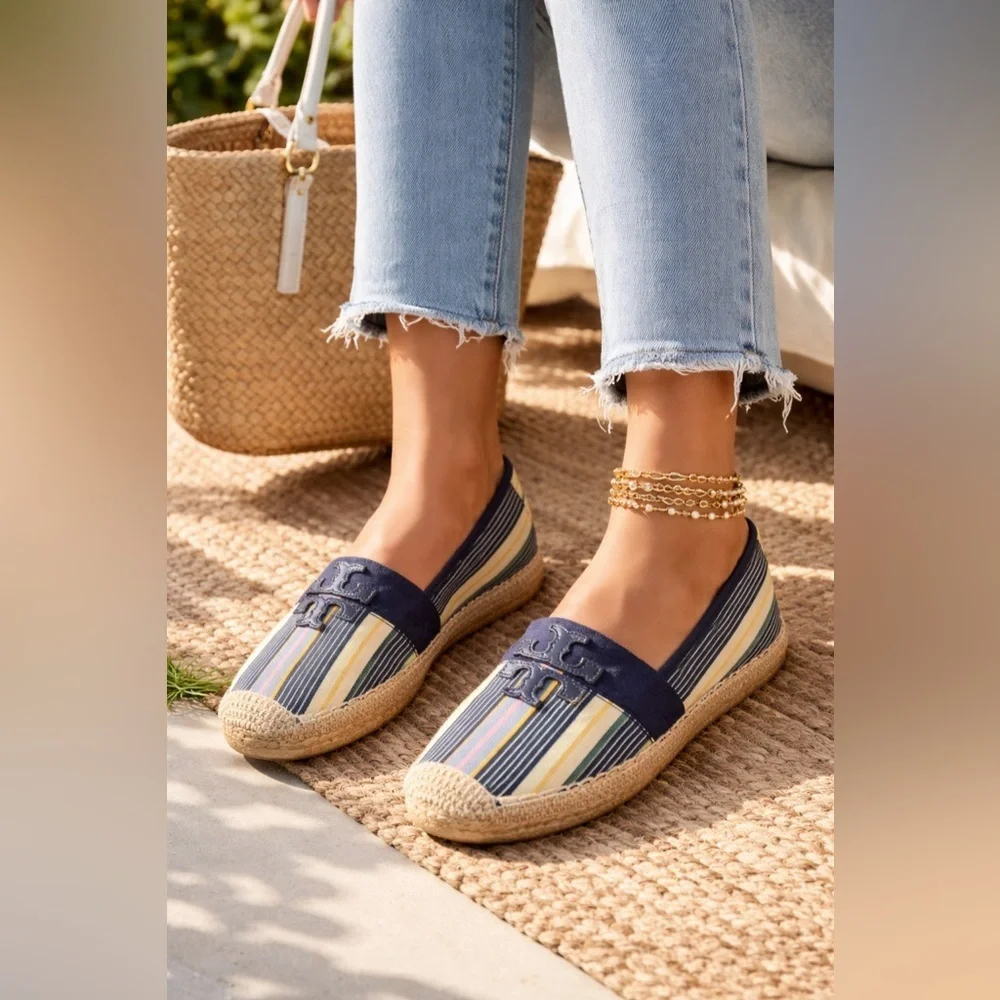 Tory Burch Stripe Espadrilles Size 10 Logo Flats Summer Shoes